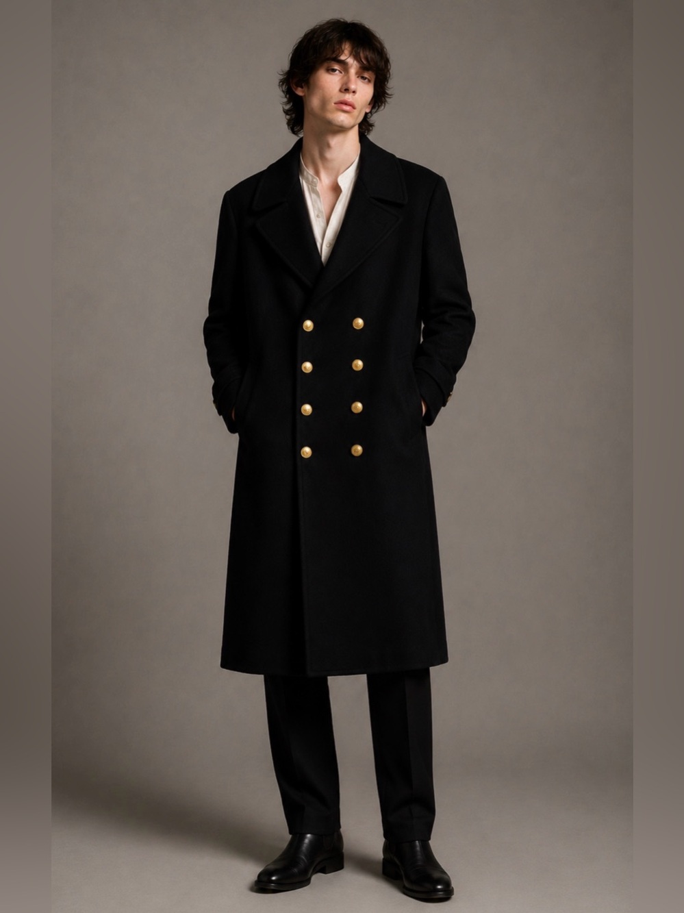 Vintage Black Wool Double Breasted Military Officer Long Coat Gold Buttons 40